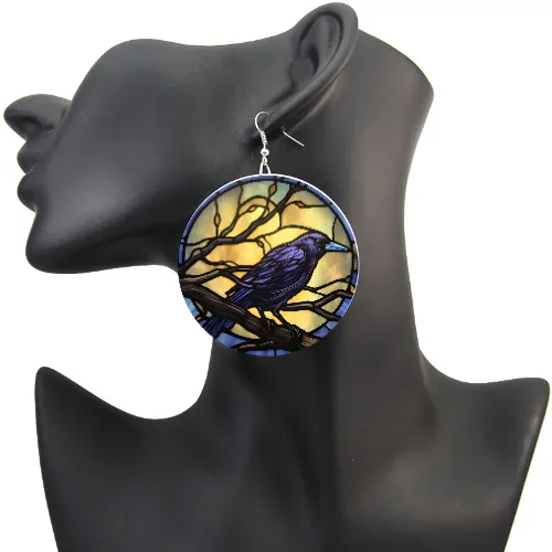 Purple Raven Queen Stained Glass wood earring