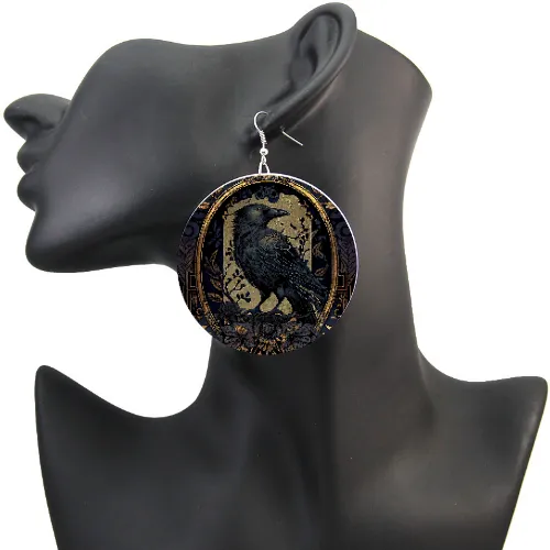 Golden Guardian Raven wood earring