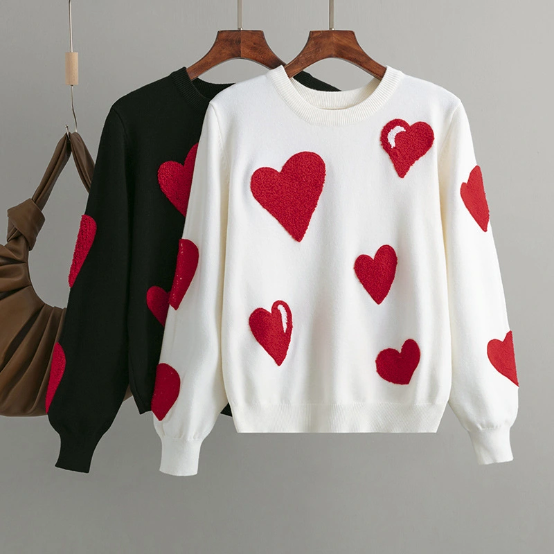 Women's Graceful And Fashionable Love Flocking Pullover Soft Glutinous Sweater Top