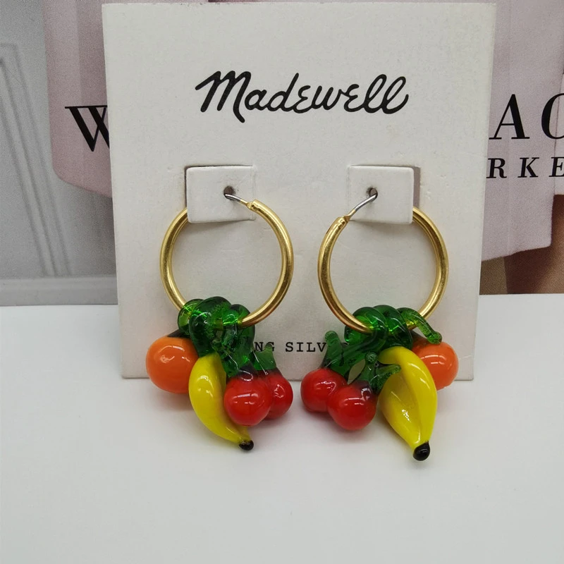 Simple Retro Geometric Summer Fruit Banana Cherry C- Shaped Earrings