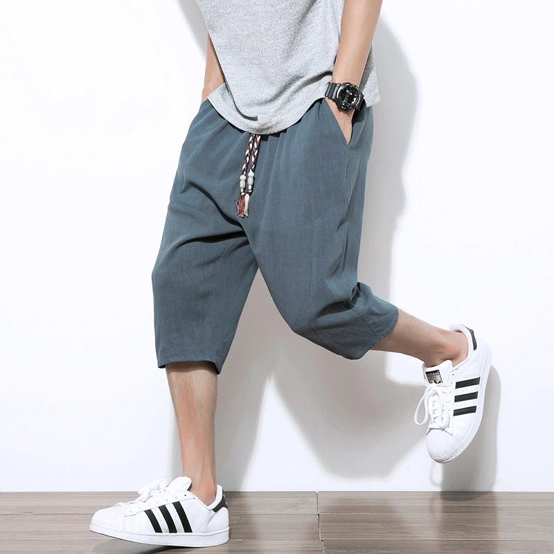 Cropped Linen Casual Solid Color Cotton Linen Harem Pants Loose Men's Pants