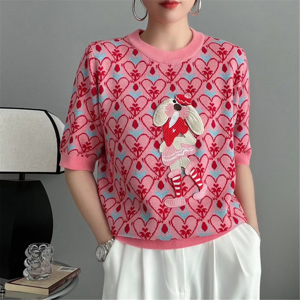 Ice Silk Embroidered Women's Cartoon Rabbit Age-reducing Soft And Adorable Short Sleeve