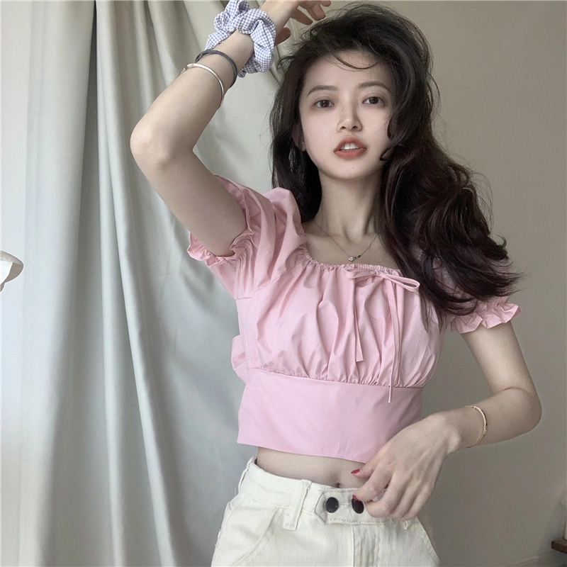 Puff Sleeve Retro High Waist Slim Short Sleeve