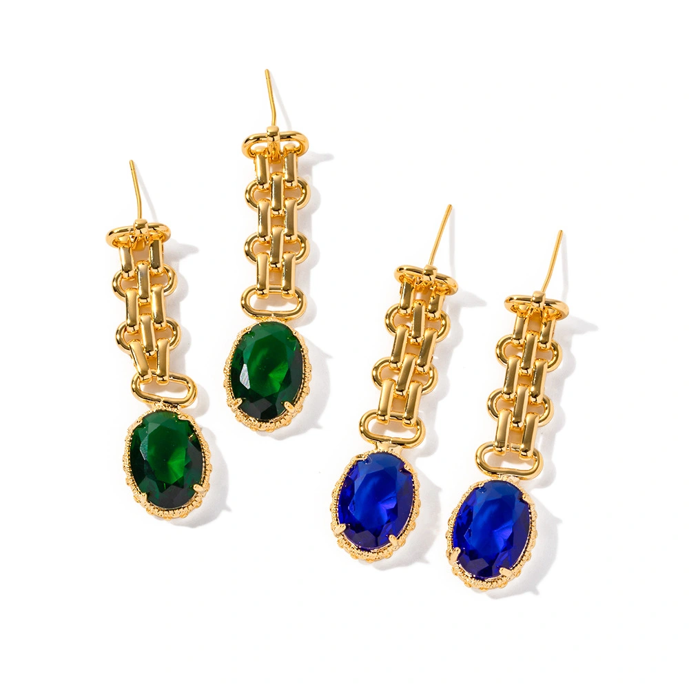 Retro Long Oval Zircon Ear Stud Pendant Earrings For Women