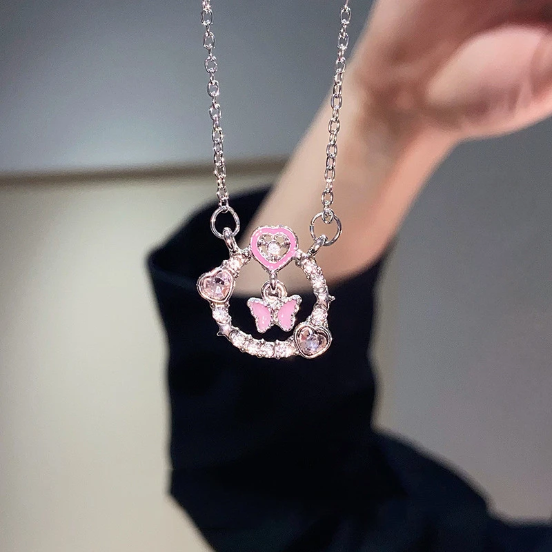 Korean Style New Love Pink Diamond Butterfly Necklace