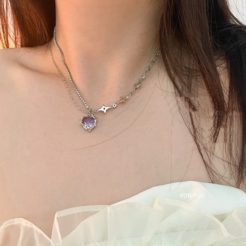 Fashion Purple Crystal Love Necklace