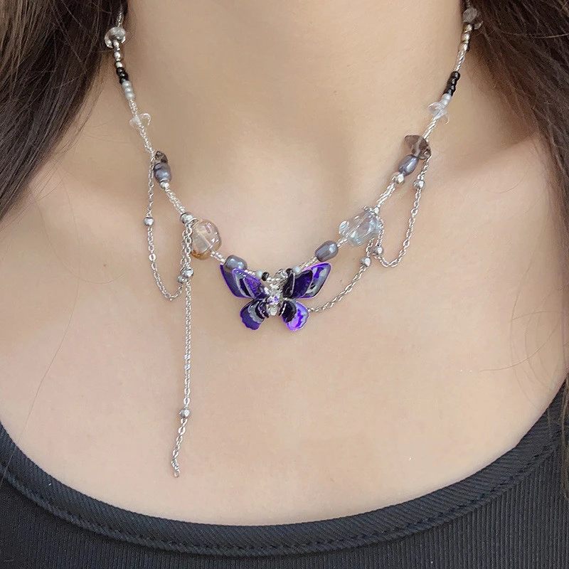 French Retro Super Fairy Purple Butterfly Necklace