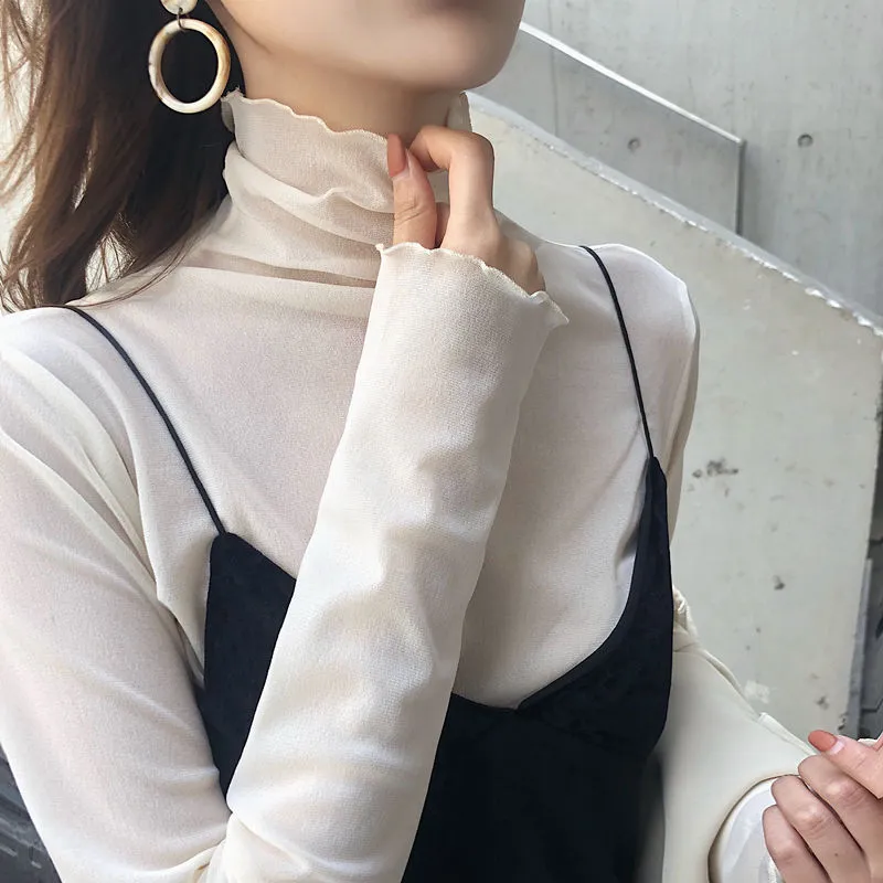 Turtleneck Skin-friendly Mesh Top Women's Long-sleeved Lace Bottoming Shirt
