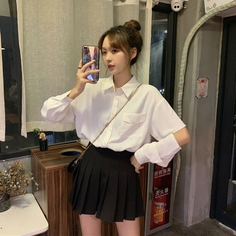 Women's Versatile Loose Hollow White Shirt