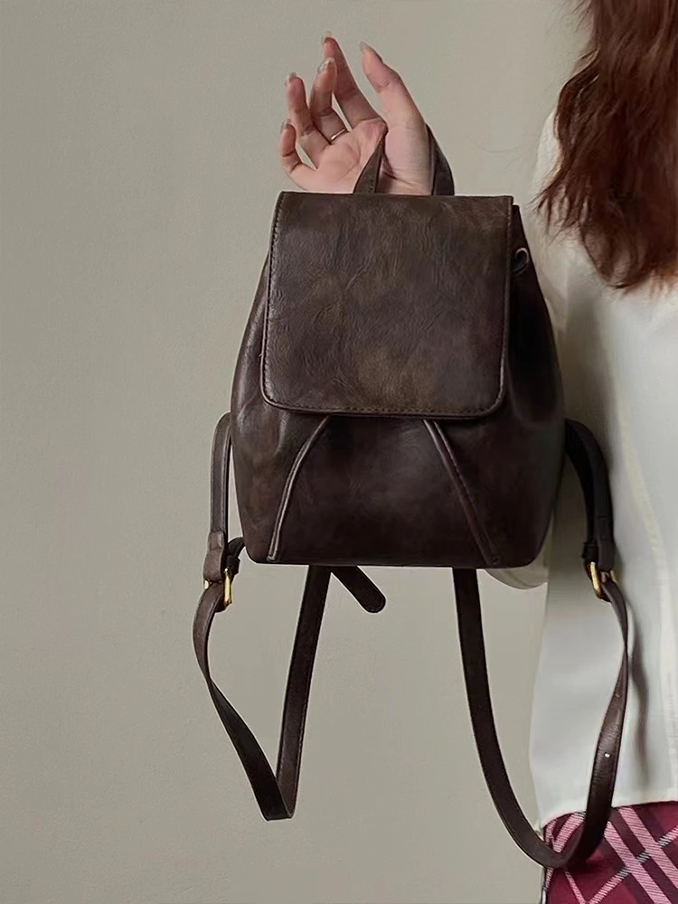 Retro Brown Backpack Women's Simple Literary Shoulder Bag