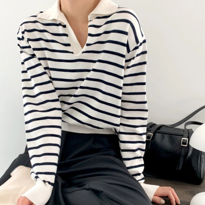 Women's Fashion Striped Polo Collar Knitted Bottoming Shirt Top
