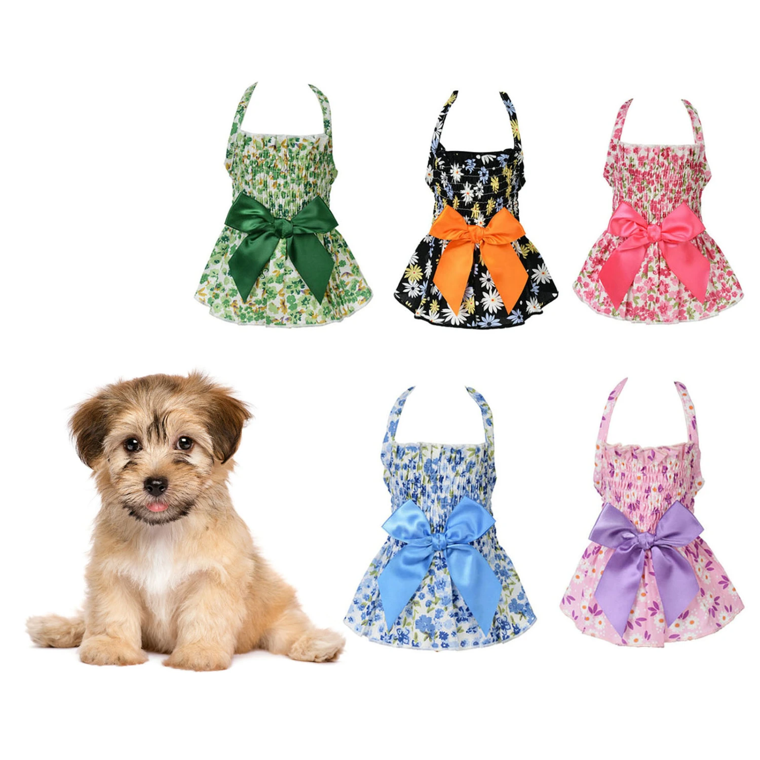 Pet Halter Dress Comfortable Soft Eye-catching Cotton Flower Print Pet Dog Bowknot Princess Dress Pet Costume