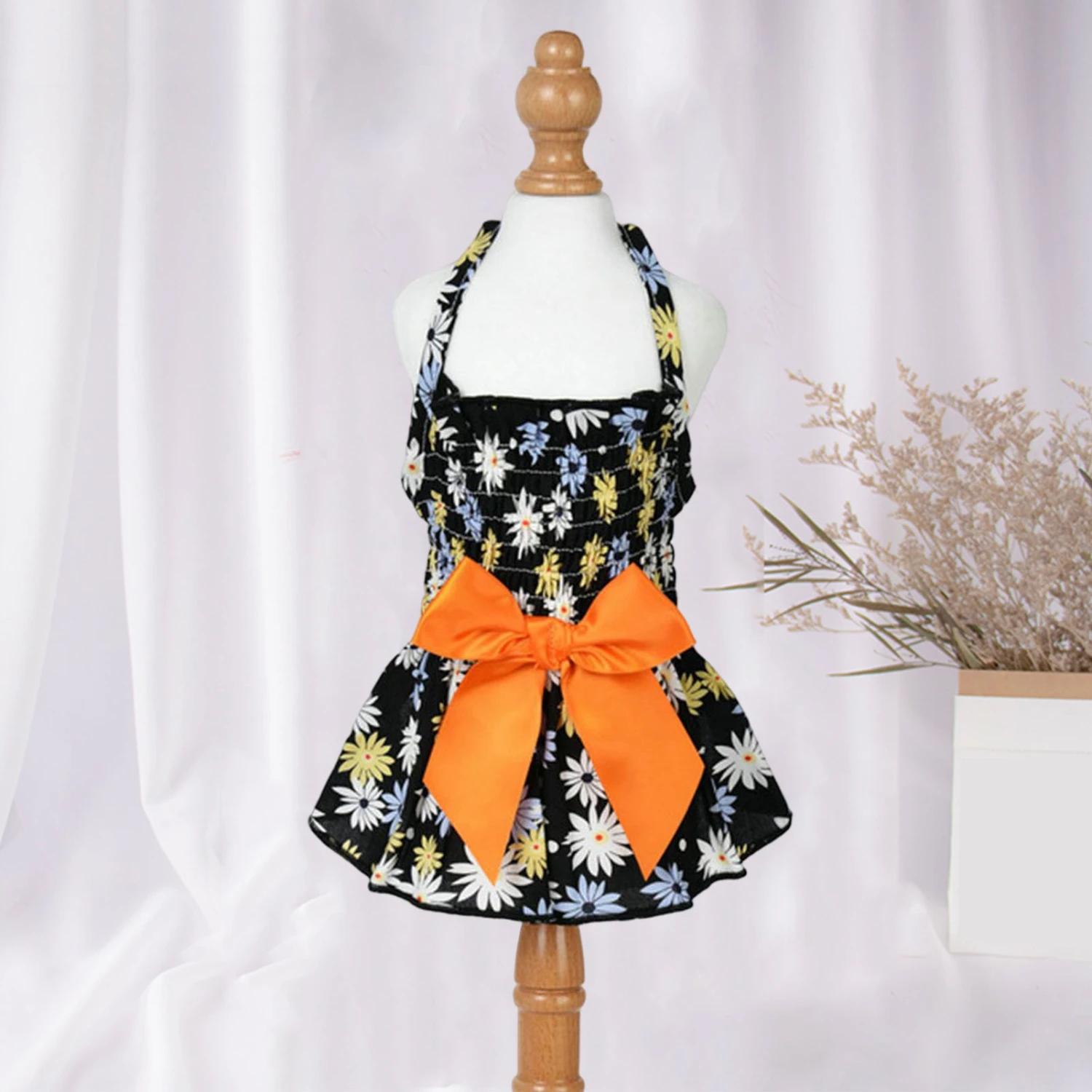 Pet Halter Dress Comfortable Soft Eye-catching Cotton Flower Print Pet Dog Bowknot Princess Dress Pet Costume