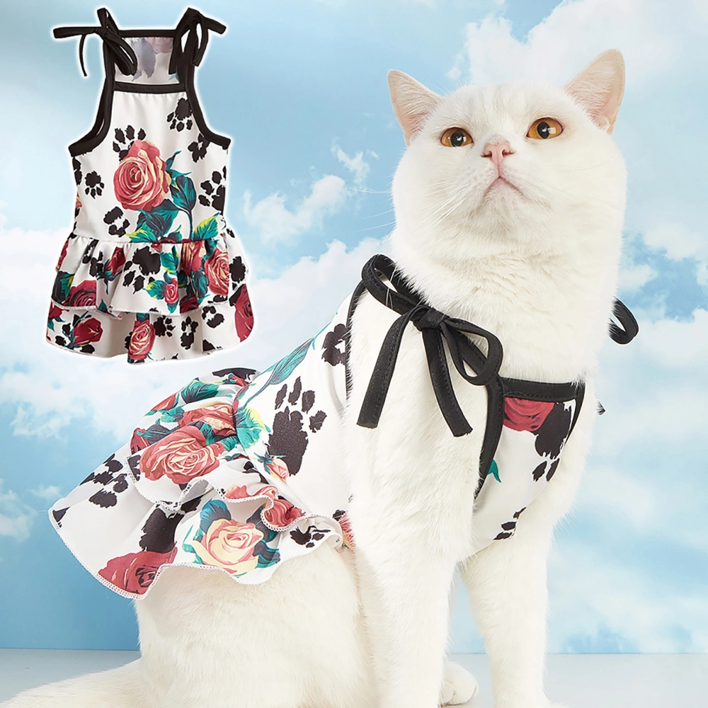 Pet Dress Breathable Adjustable Bandage Sweet Cat Puppy Spring Summer Cat Paw Floral Print Sling Dress for Party 