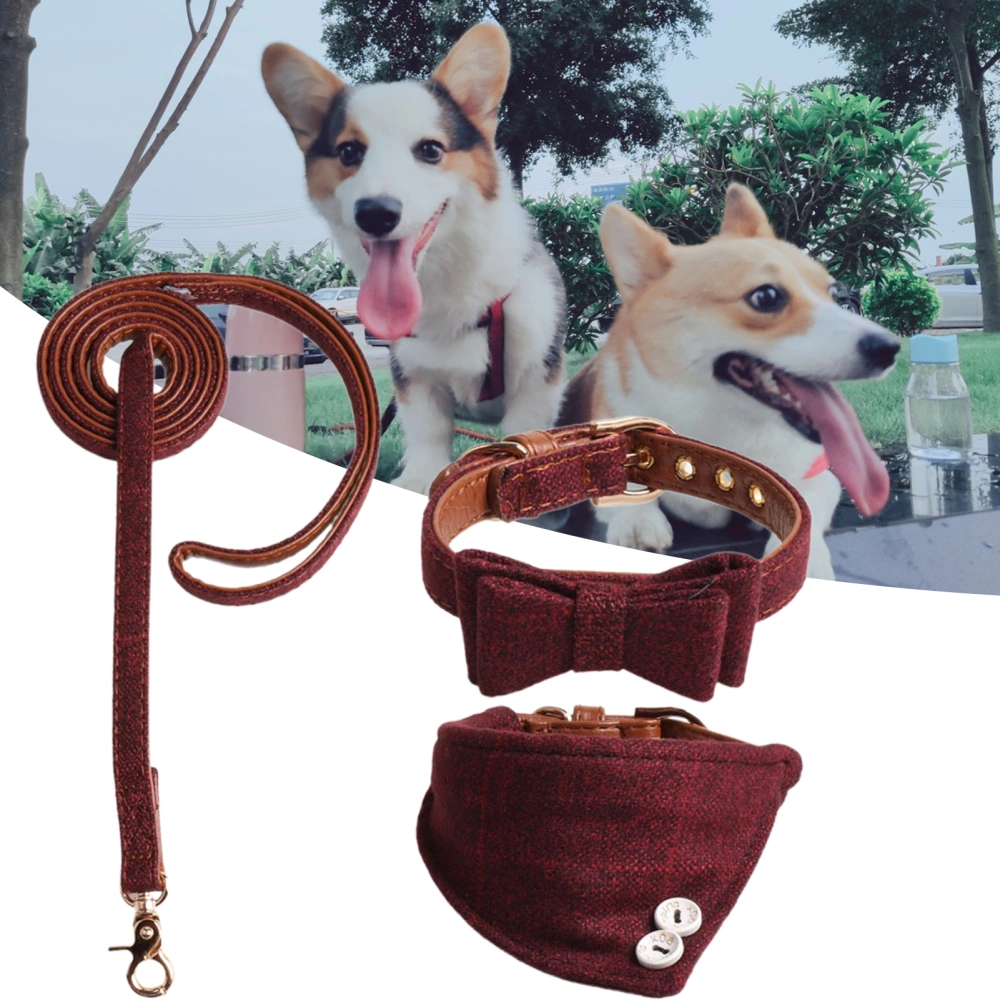 3Pcs/Set Pet Collar Set Plaid Print Vintage Style Bowknot Tie Dog Collar Leash Medium Large Lead Rope Set for Outdoor 