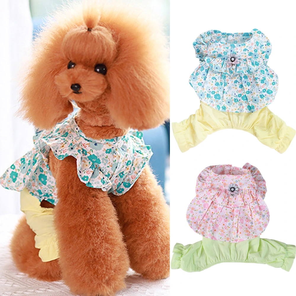 Dog Dress Vintage Style Floral Print Faux Pearl Summer Dog Two-legged Clothes for Outdoor 