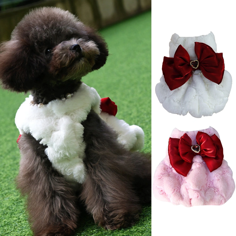 Pet Dress Three-dimensional Embroidery Pearl Neckline with Tow Ring Bow Tie Soft Keep Warm Plush Sweet Ladylike Dog Dress for Daily Wear