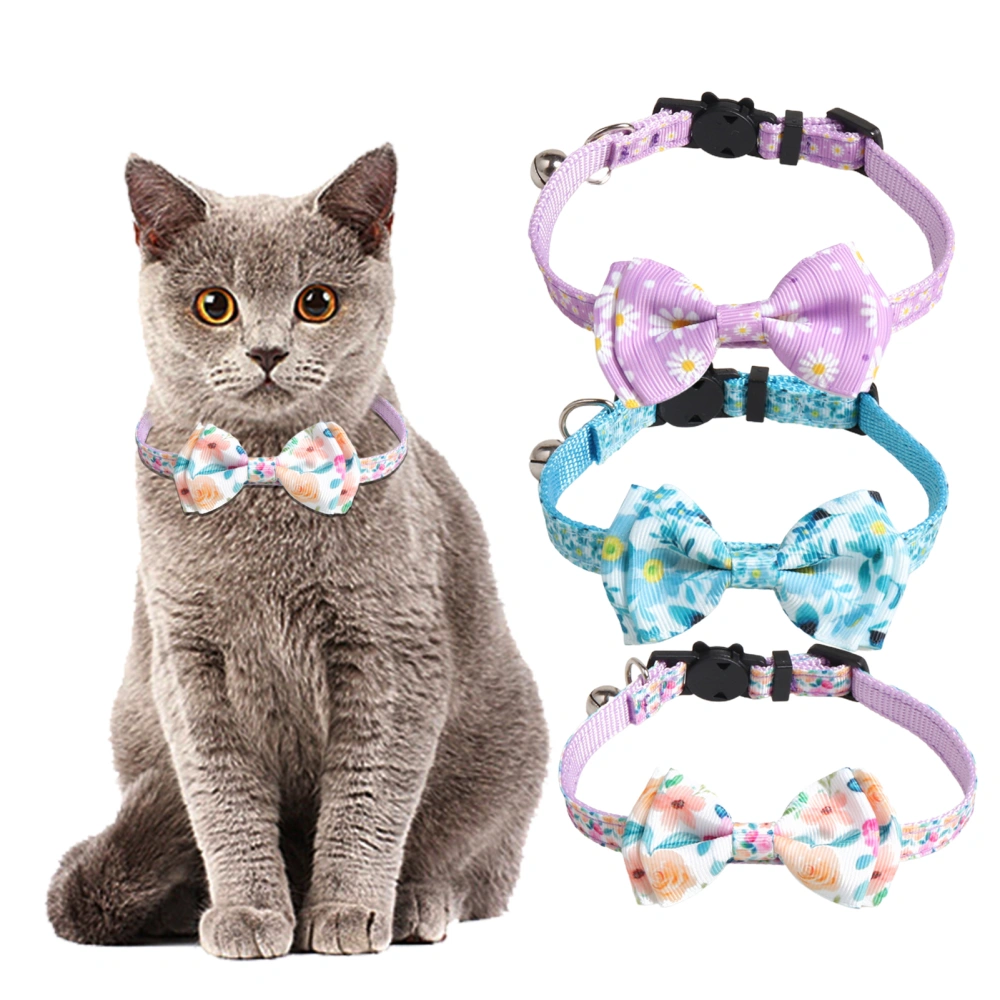 Kitten Collar Bowknot Decor Floral Printing Bells Buckle Cat Dog Collar Safety Belt for Daily Wear 