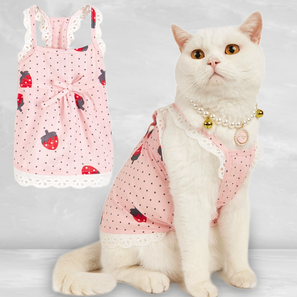 Pet Dress Sling Adorable Windproof Breathable Strawberry Pattern Pleated Hemming Protect Skin Pet Vest Sleeveless Strawberry Clothes for Home Wear