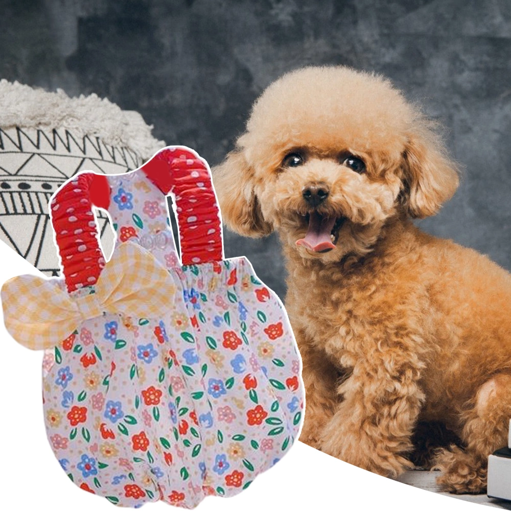 Pet Dress Floral Printing Sling Bow Tie Headwear Pet Vest Puppy Sleeveless Clothes for Home Wear 