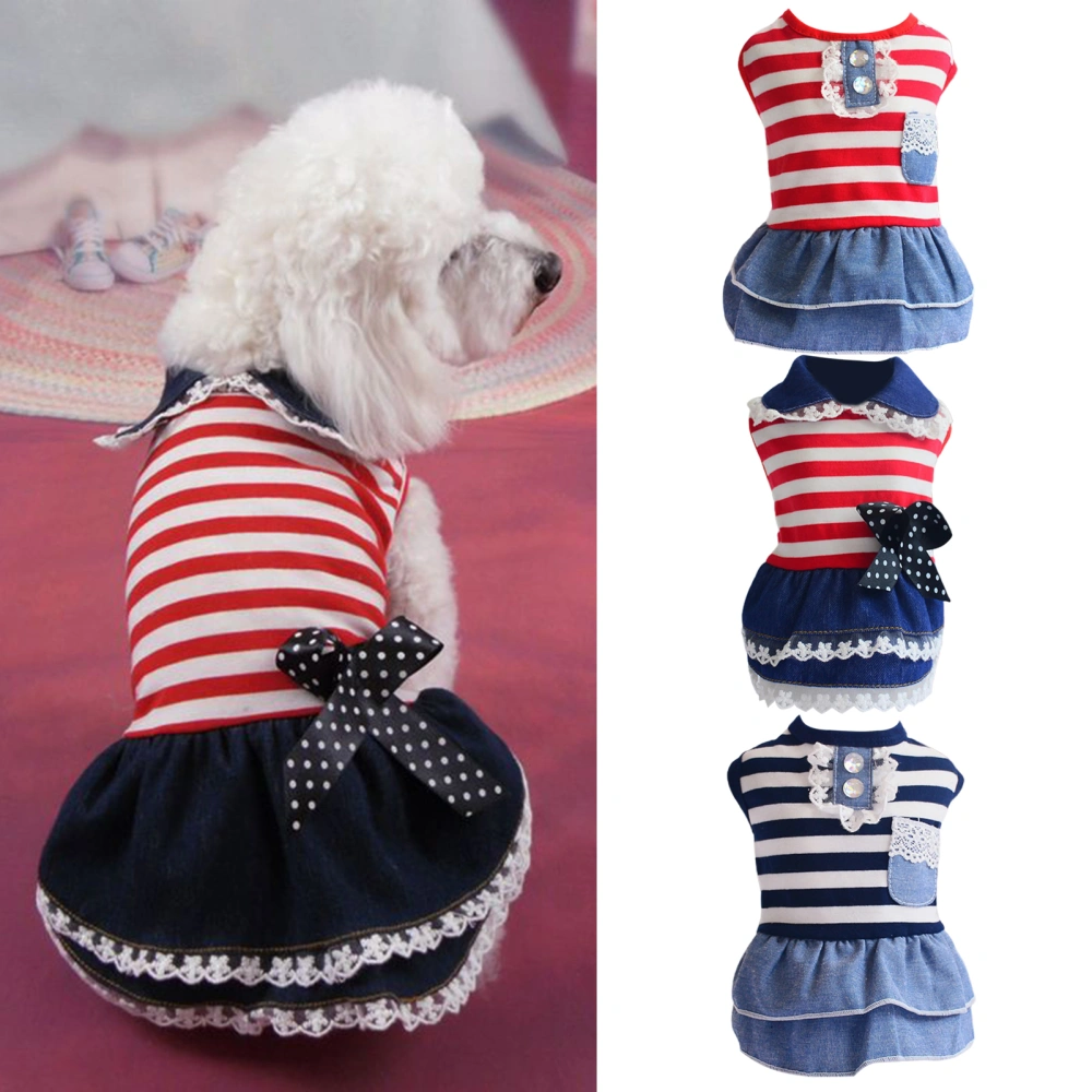 Pet Dress Stripe Pattern Bow Tie Thin Windproof Comfortable Pleated Edge Adorable Summer Small Dog Princess Cosplay Costume for Home Wear