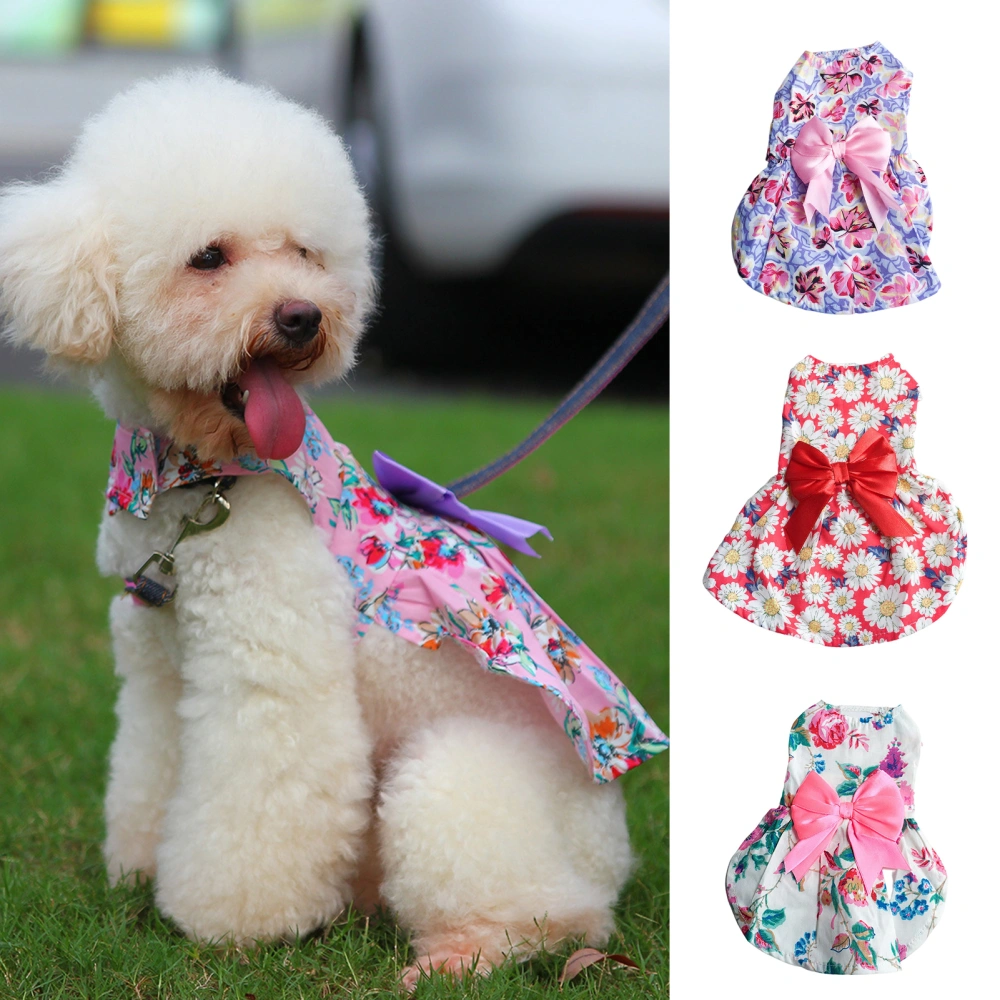 Puppy Dress Floral Printing Pleated Edge Adorable Good Ductility Breathable Bowknot Dress-up Decorating Summer Kitty Clothes Dog Outfits for Party