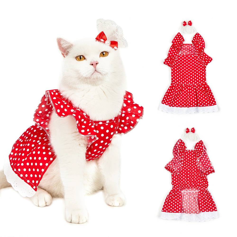 Pet Dress Flying Sleeve Polka Dots Printing Headgear Summer Kitty Clothes Dog Outfits for Home Wear 