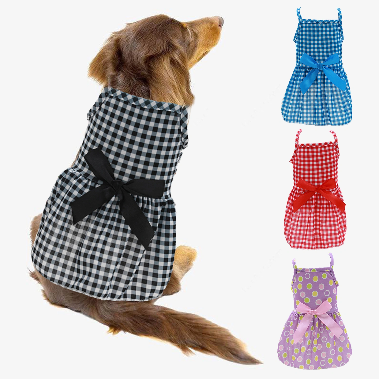 Pet Dress Plaid Dots Printing Bowknot Decor Square Collar Summer Kitty Clothes Dog Outfits for Home Wear 