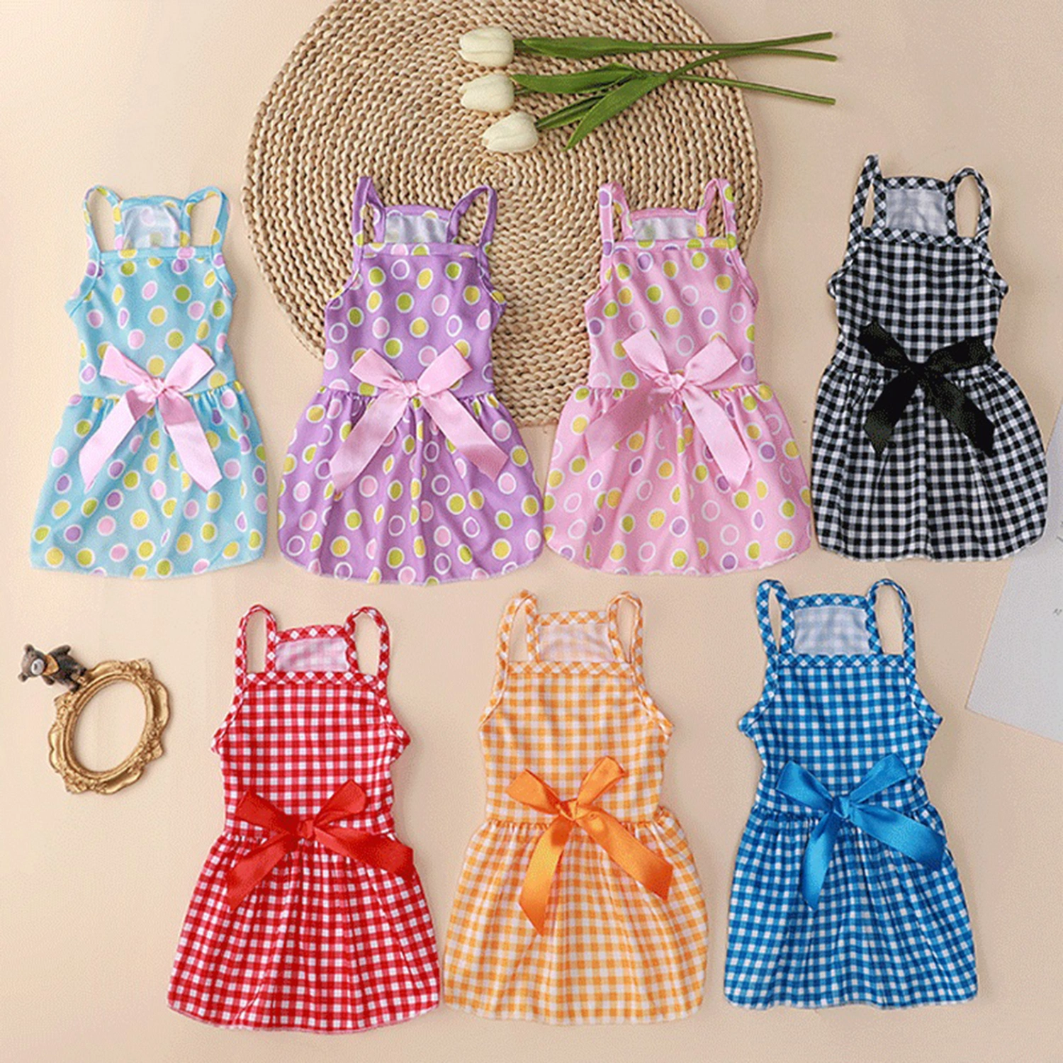 Pet Dress Plaid Dots Printing Bowknot Decor Square Collar Summer Kitty Clothes Dog Outfits for Home Wear 