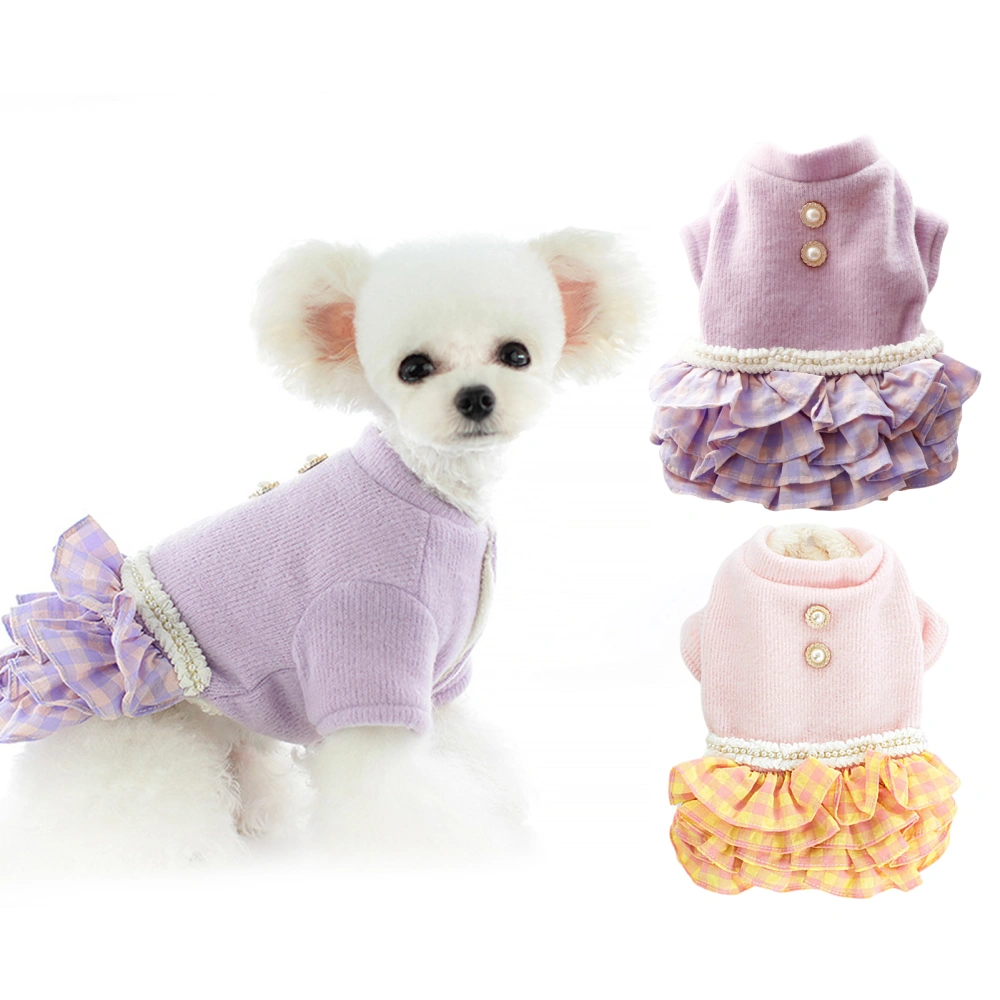 Pet Princess Dress Faux Pearl Design Fleece Lined Multi-layered Hem Non-Fading Button Closure Keep Warm Cotton Pet Cat Thickened Princess Dress Winter Clothing Pet Supplies