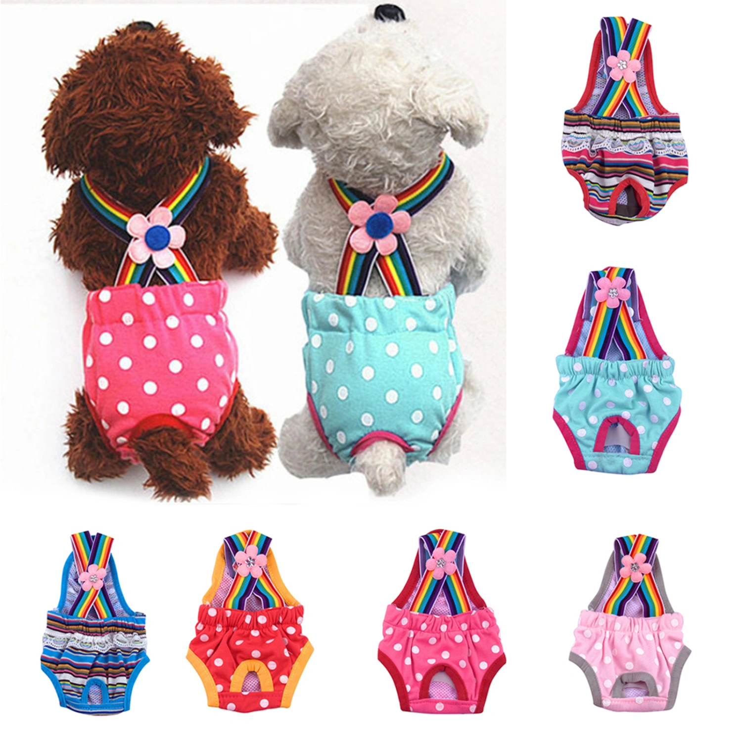 Female Dog Diaper Cute Comfortable Washable Polka Dot Striped Sanitary Diaper Pet Physiological Pants for Home