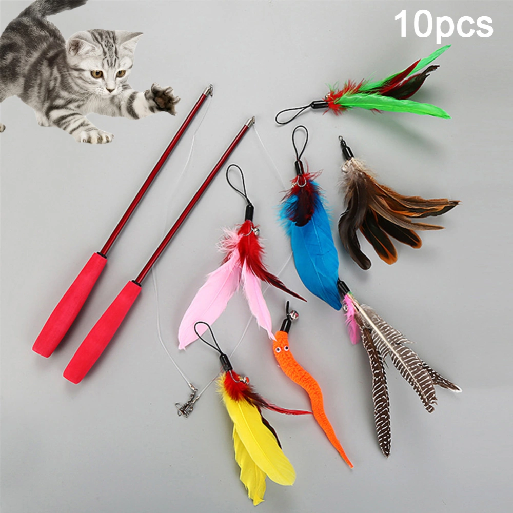 10Pcs Pet Cat Teaser Stretchable Wand Stick Rod Feather Replacement Heads Toy