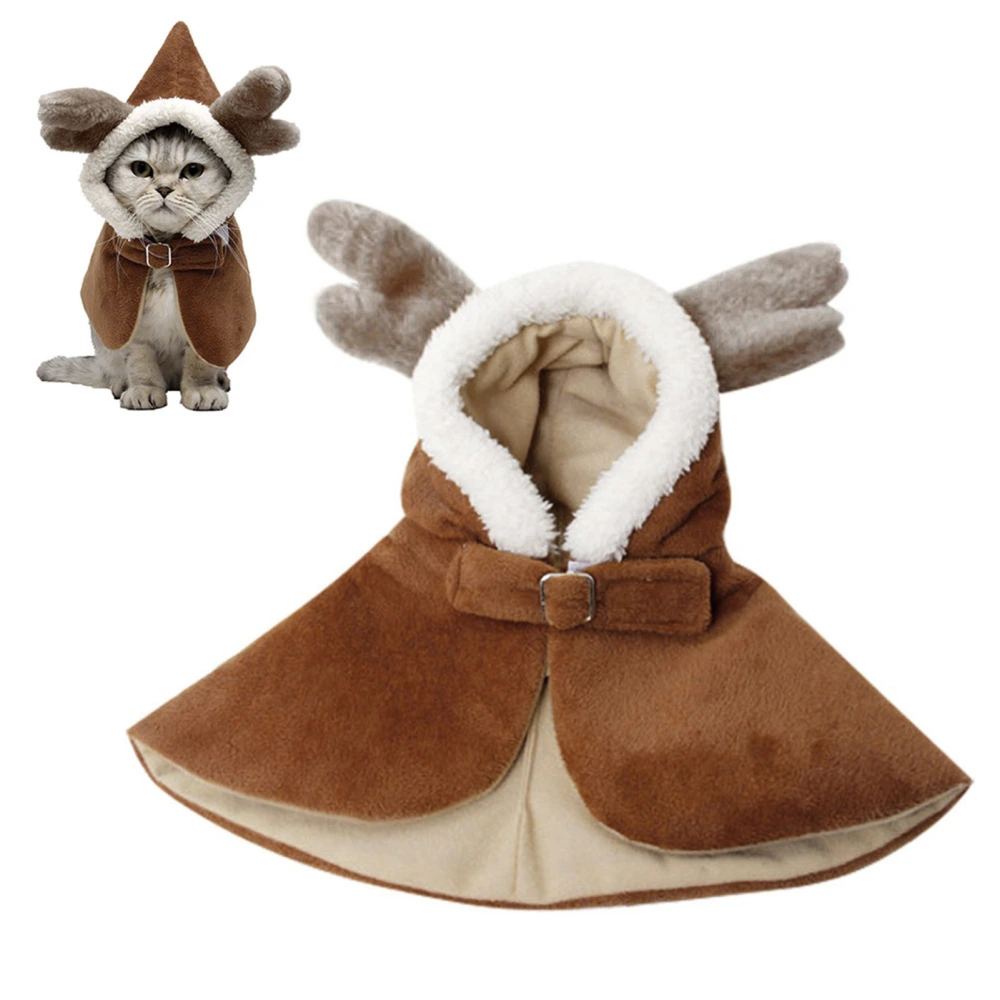 Home Winter Christmas Pet Cat Dog Cold Protection Thick Plush Cloak Antler Hat