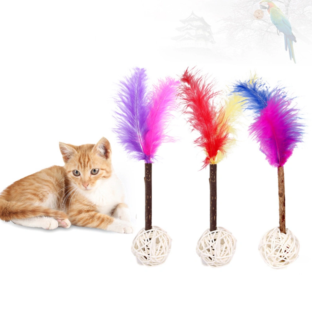 Pet Cats Kitten Matatabi Rattan Ball Bell Feather Teaser Chew Stick Molar Toy