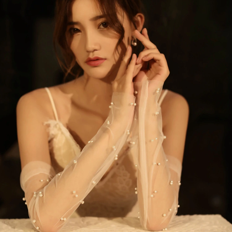 Wedding Gloves Bridal Wedding Dress Long Fingerless Pearl Yarn Gloves White Yarn Luxury Hollow Out Spot Drill