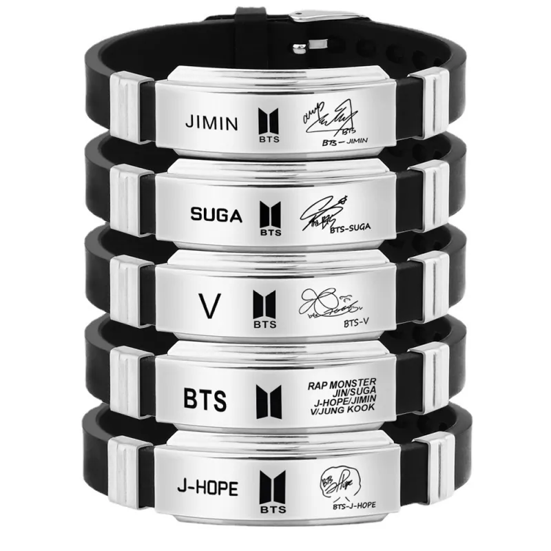 BTS Member Bracelet Black Titanium Steel Silicone Bracelet Wrist Strap Fashion Stainless Steel Hand Jewelry Bracelet