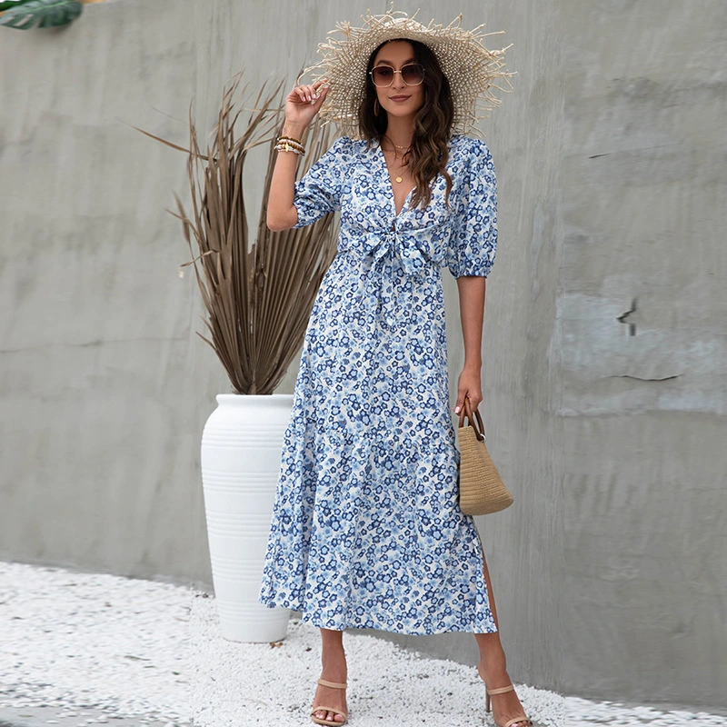 Elegant Bundle Printed Long Dress Women Lantern Sleeve European And American Style Dress