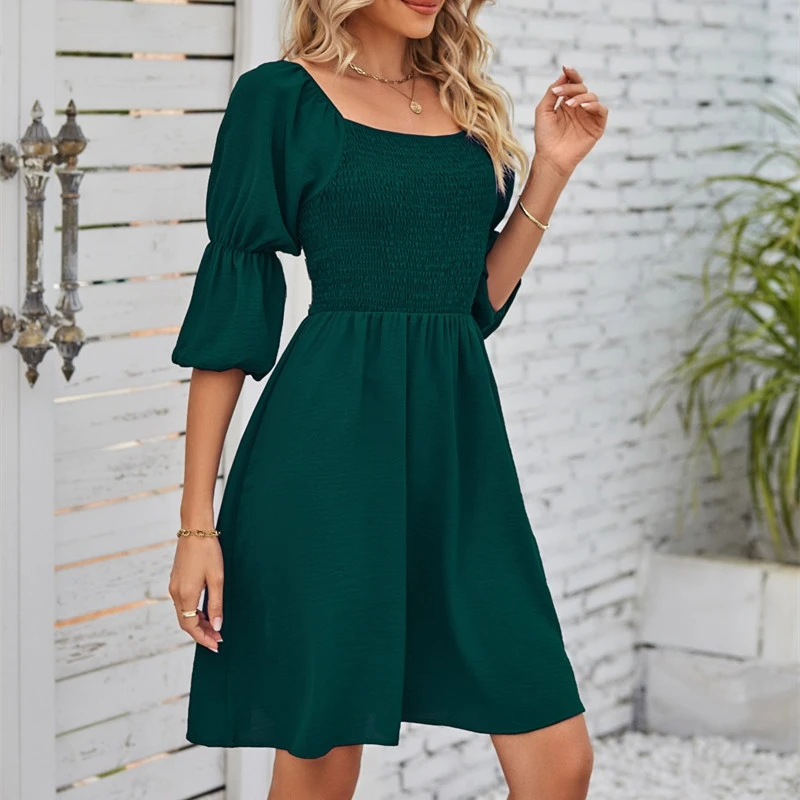 Women's Fashion Temperament Square Collar Puff Sleeve Pleating Dress