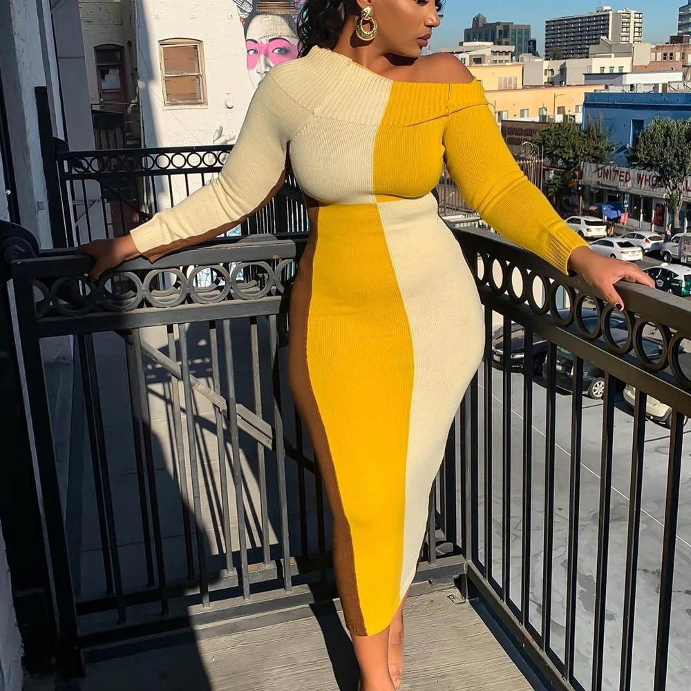 European And American Women's Clothing Color Matching Sexy Slim Dress