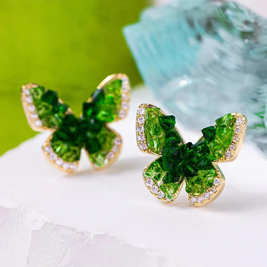 Gradient Green Crystal Butterfly Earrings Female Design Sense