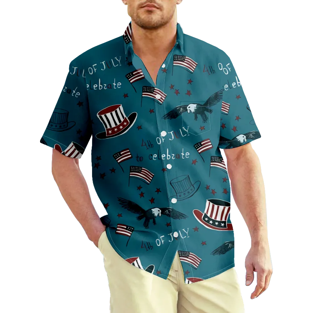 4th of July Men's Hawaiian Shirt USA National Flag Eagle Shirt Tee Color Block Shirt Collar Casual Daily Short Sleeve Clothing Apparel Basic Slim Fit Big And Tall/Summer/Summer