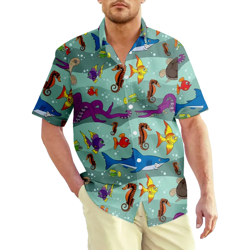 Men's Hawaiian Shirt Sea Animals Ocean Cartoon 3D Shirt Collar Short Sleeve Daily Holiday Tops Fashion Casual/Summer/Summer