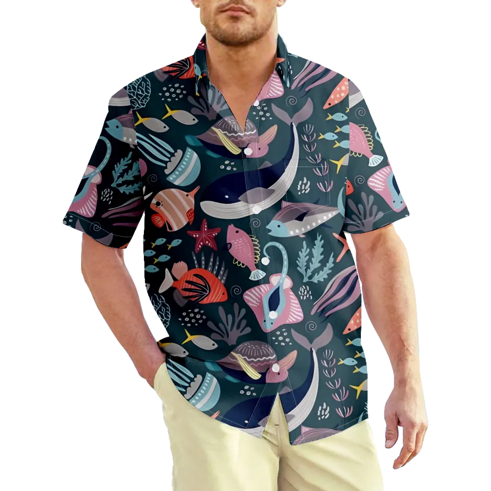 Men's Hawaiian Shirt Sea Animals Ocean Cartoon Color Block Graphic Prints Shirt Collar 3D Print Outdoor Street Short Sleeve Button-Down Clothing Apparel Sports Casual