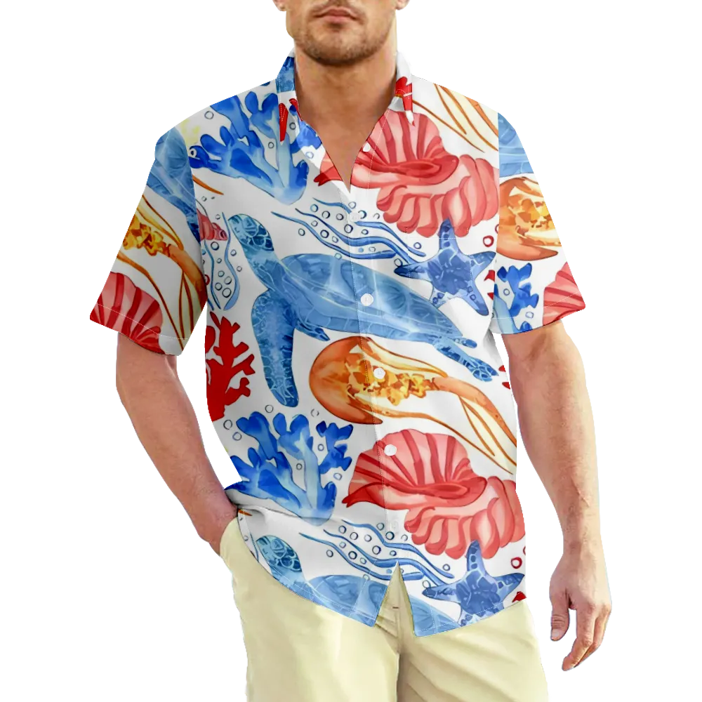 Men's Hawaiian Shirt Outfits Sea Animals Ocean Graphic Color Block Shirt Collar Clothing Apparel 3D Print Outdoor Daily Short Sleeve 3D Print Casual Comfortable