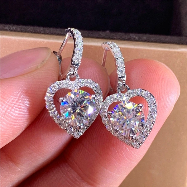 Romantic Round Cut Brilliant Diamond Heart Drop Earrings Women 925 Sterling Silver Horseshoe Hoop Earrings Proposal Party Fine Jewelry