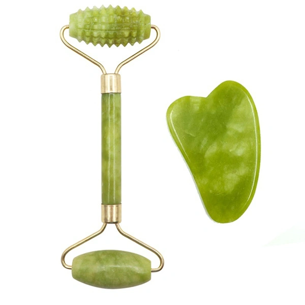 2PC Jade Stone Facial Massage Roller For Face Natural Massager Green Guasha Scraper Set Thin Lift Beauty Slimming Tools Roller