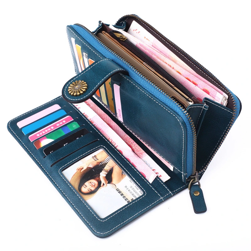 2 Styles RFID Women's Fashion Large Capacity Zipper Genuine Leather Long Wallet Casual Coin Purse for Ladies 6 Colors