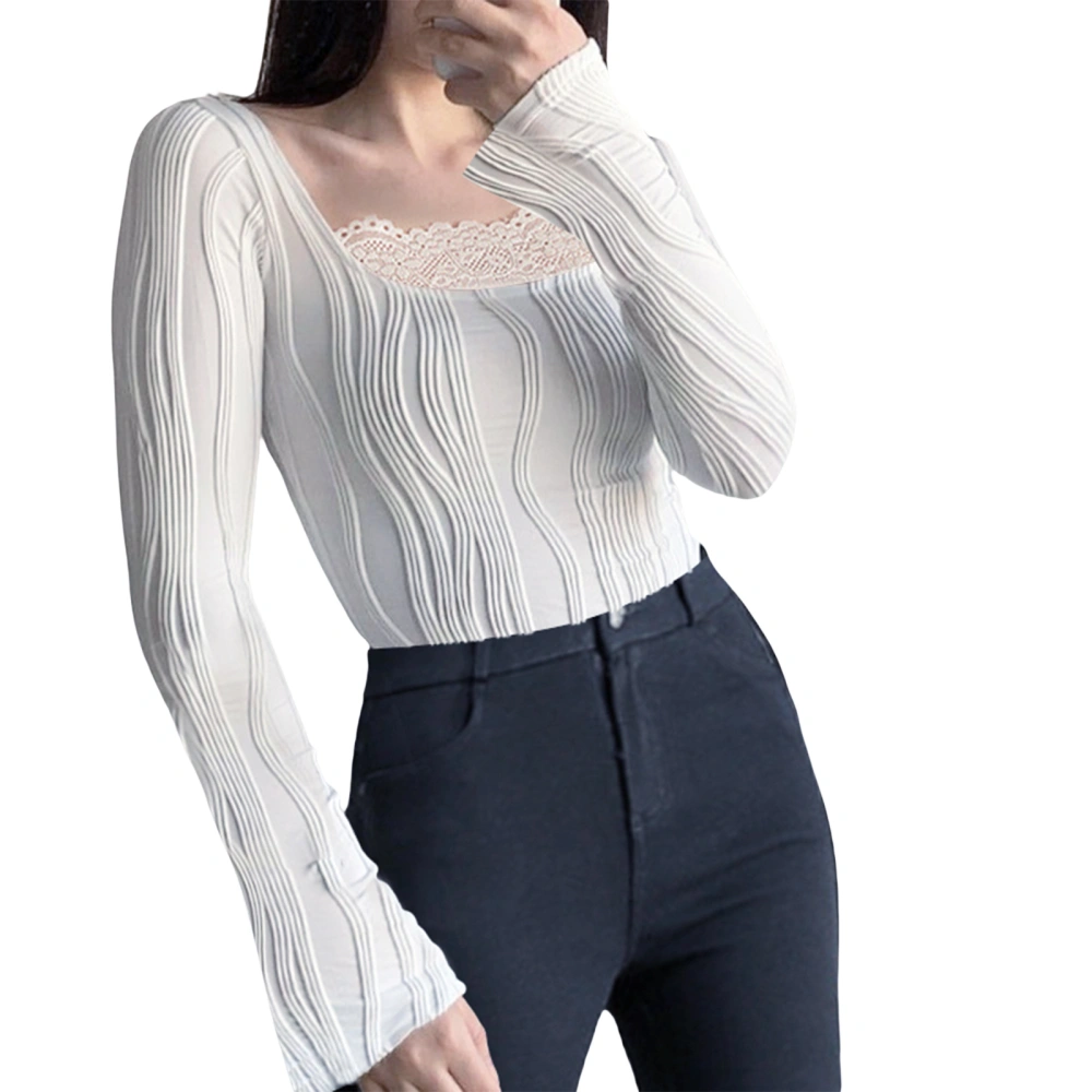 Women’s Ribbed Tops, Long Sleeve Lace Patchwork Slim Fit T-Shirts