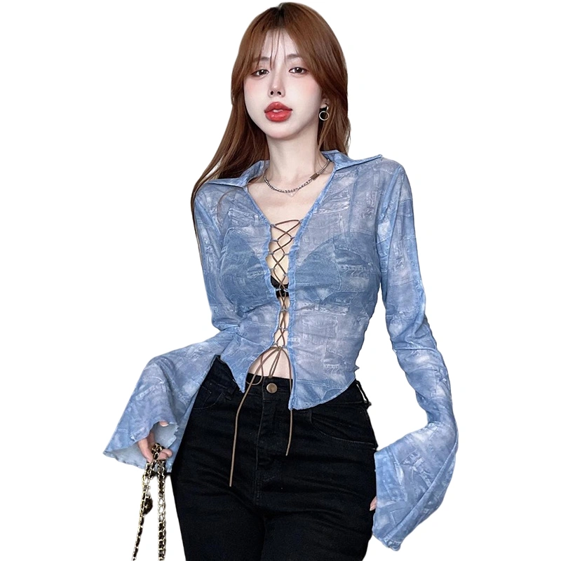 Women Long Sleeve Crop T-shirt Casual Lapel Bandage Sheer Mesh Tops Streetwear Clubwear