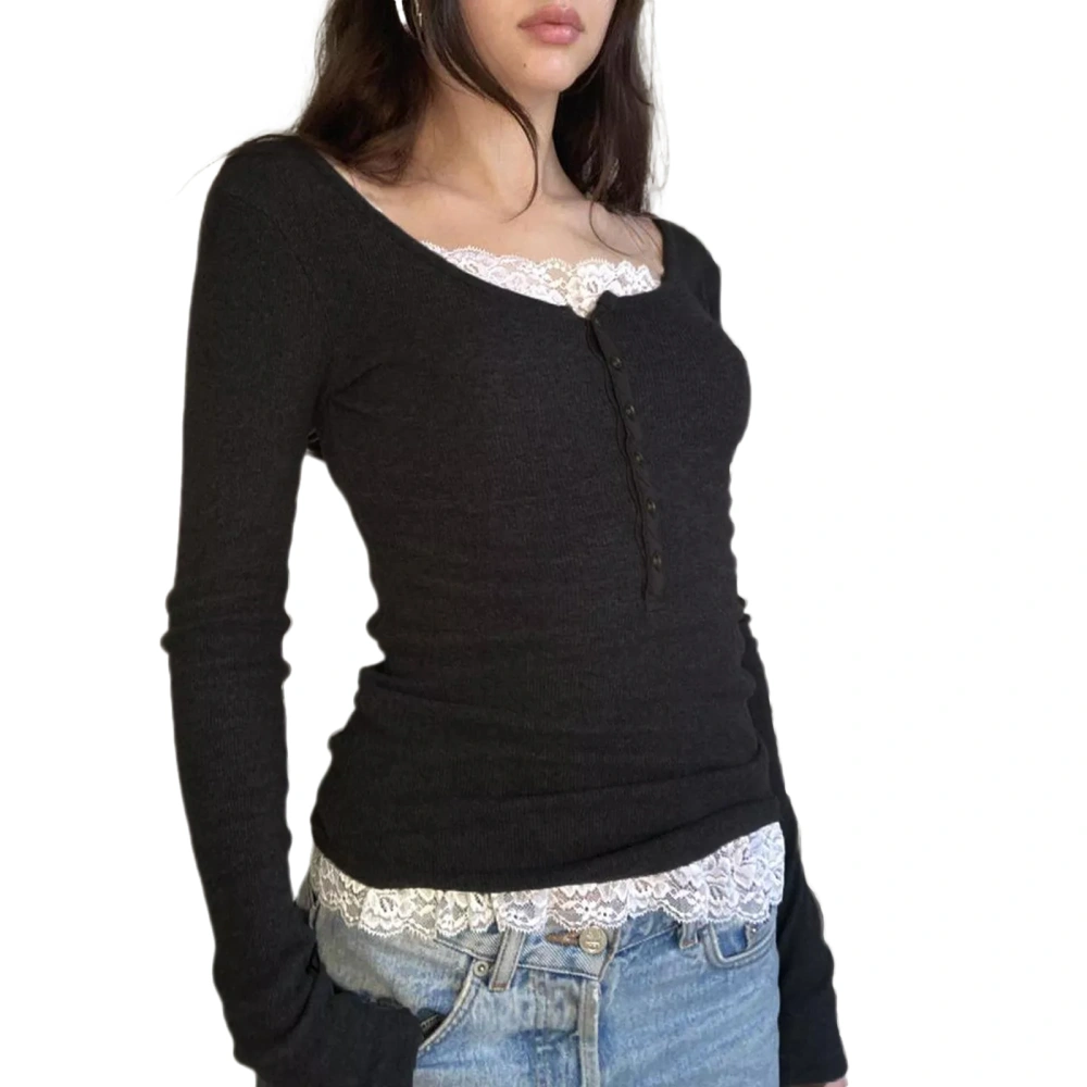 Women Long Sleeve Tops Casual Lace Patchwork Slim Fit Pullover Shirt